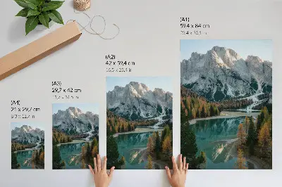 Poster featuring a scenic landscape of mountains, forest, and lake with colorful trees and water reflections