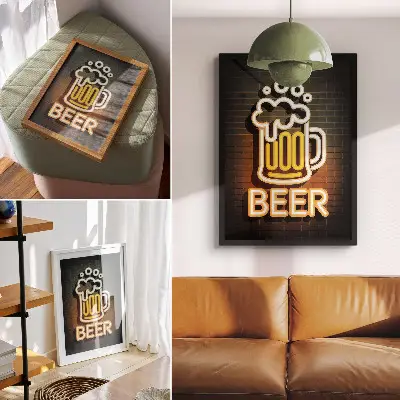 Decorative poster neon mug with yellow lettering on a brick background