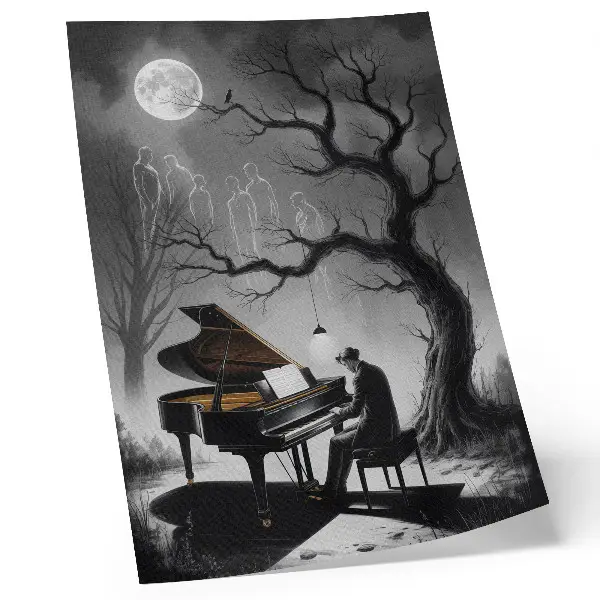Premium wall art featuring a moonlit piano with ghosts in subdued colors