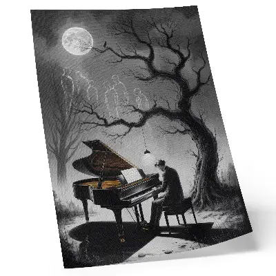 Premium wall art featuring a moonlit piano with ghosts in subdued colors
