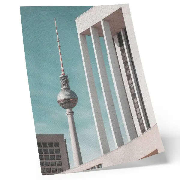 Decorative poster minimalist tower illustration featuring modern buildings against a blue sky