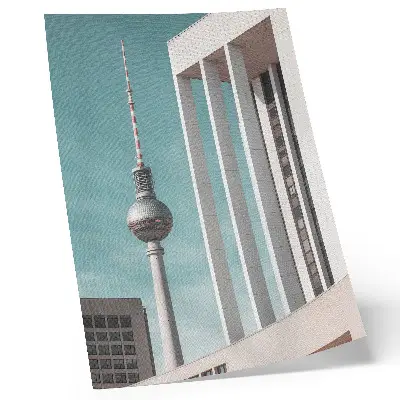 Decorative poster minimalist tower illustration featuring modern buildings against a blue sky