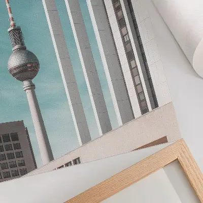 Decorative poster minimalist tower illustration featuring modern buildings against a blue sky