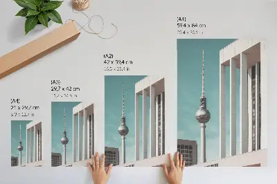 Decorative poster minimalist tower illustration featuring modern buildings against a blue sky