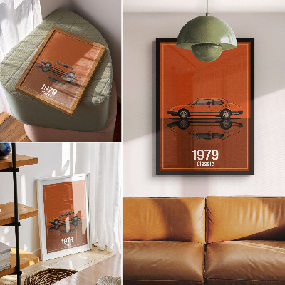 Art print Retro car in orange vintage style mirror