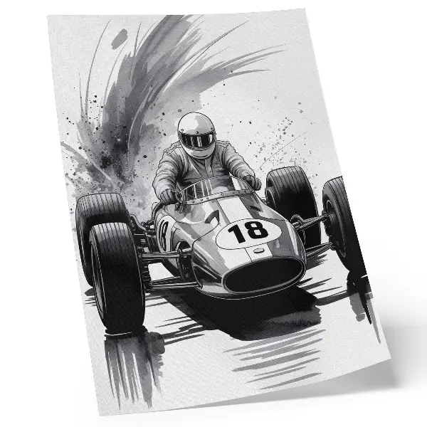Art print featuring automotive dynamics in a racing contrast style