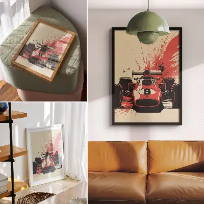 Racing car wall art red and black sports car in motion