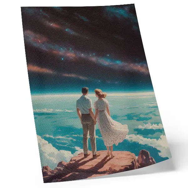 Poster people on a cliff looking at the starry space sky