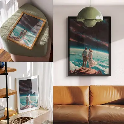 Poster people on a cliff looking at the starry space sky