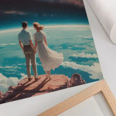 Poster people on a cliff looking at the starry space sky