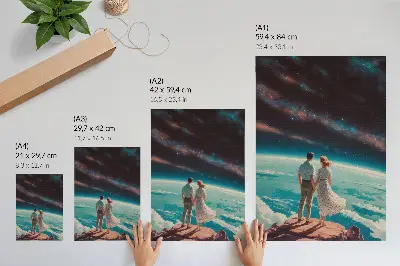 Poster people on a cliff looking at the starry space sky