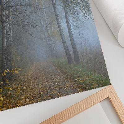 Decorative poster Foggy autumn forest birch trees yellow leaves