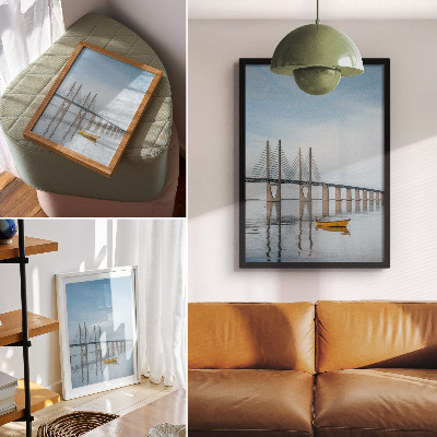 Art print A bridge against the sky and water with a yellow boat