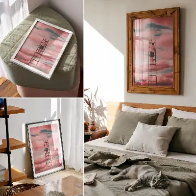 Premium wall art person on ladder with pink clouds and sky dreams