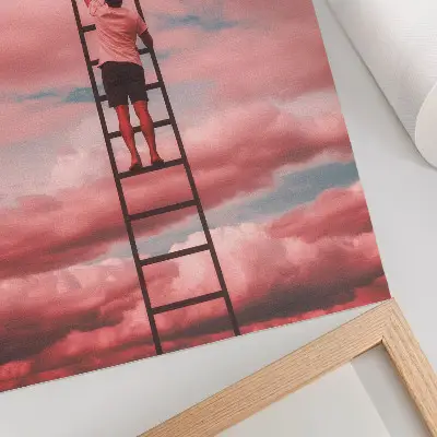Premium wall art person on ladder with pink clouds and sky dreams