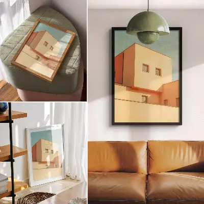 Decorative poster geometric architecture with a beige facade