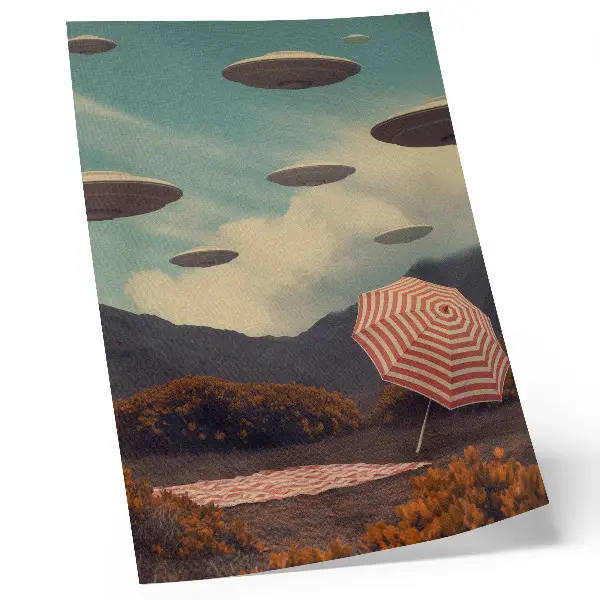 Art print featuring a picturesque landscape with an umbrella and mysterious objects