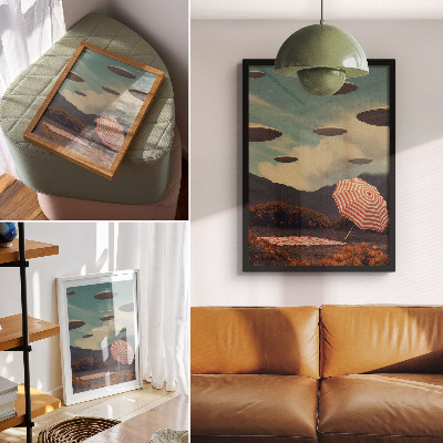 Art print Picturesque landscape, umbrella and mysterious objects
