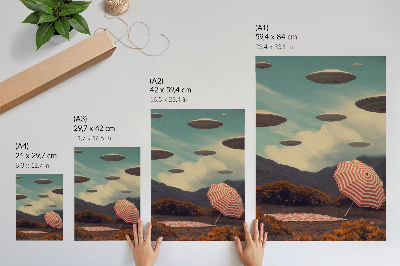 Art print Picturesque landscape, umbrella and mysterious objects