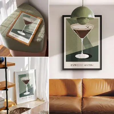 Premium modern martini wall art in green, beige, and white