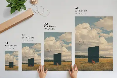 Art print the contrast of the black monolith with the blue sky and greenery