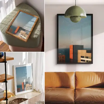 Decorative poster featuring a modern scene of a vast sea with buildings, a bird, and sky