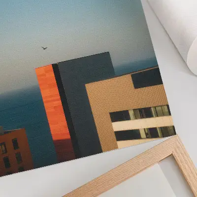 Decorative poster featuring a modern scene of a vast sea with buildings, a bird, and sky