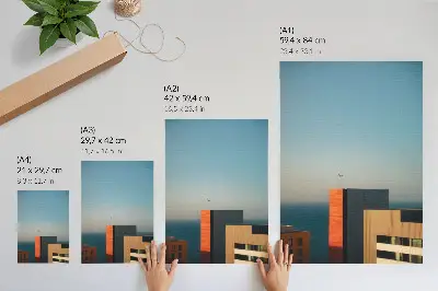 Decorative poster featuring a modern scene of a vast sea with buildings, a bird, and sky