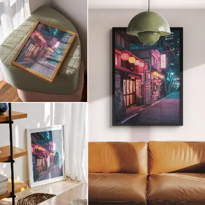 Premium wall art neon lanterns on a charming city street at night