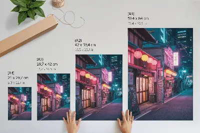 Premium wall art neon lanterns on a charming city street at night