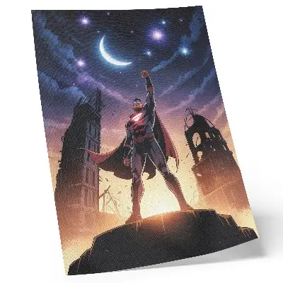 Art print featuring a dynamic figure under a night sky with mysterious ruins