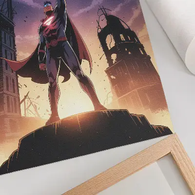 Art print featuring a dynamic figure under a night sky with mysterious ruins