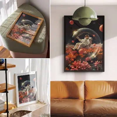 Premium wall art featuring a colorful astronaut in space with cosmic plants