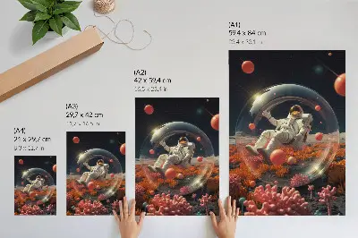 Premium wall art featuring a colorful astronaut in space with cosmic plants