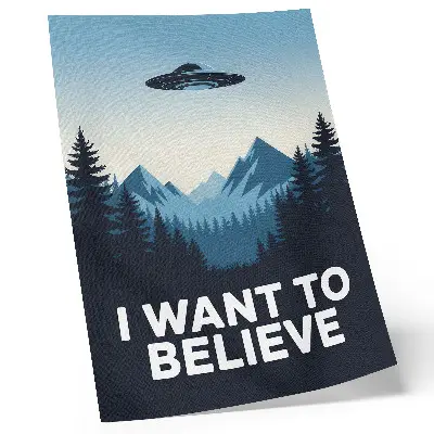 Poster featuring a modern mysterious UFO over forest and mountains