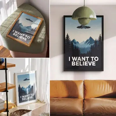 Poster featuring a modern mysterious UFO over forest and mountains