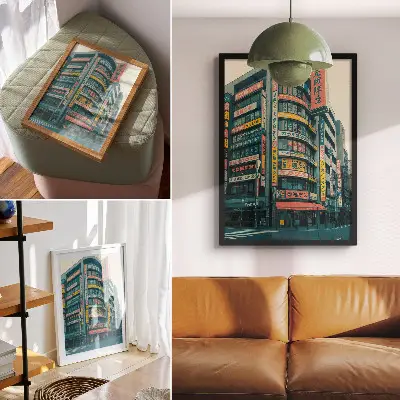 Decorative poster with colorful inscriptions on modernist buildings