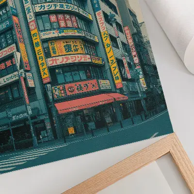 Decorative poster with colorful inscriptions on modernist buildings