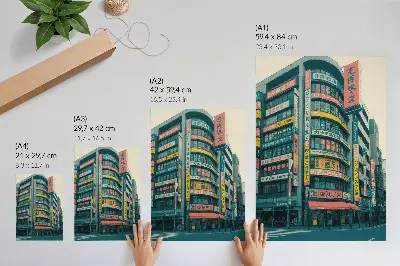 Decorative poster with colorful inscriptions on modernist buildings