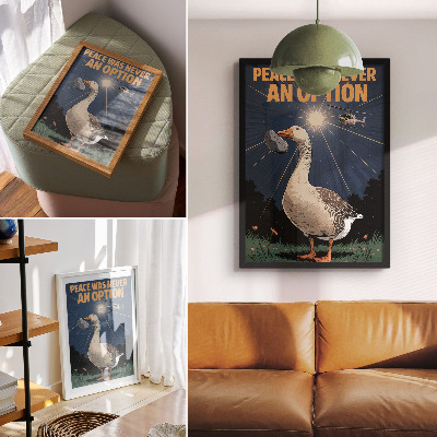 Poster A goose with a stone and a helicopter in the background