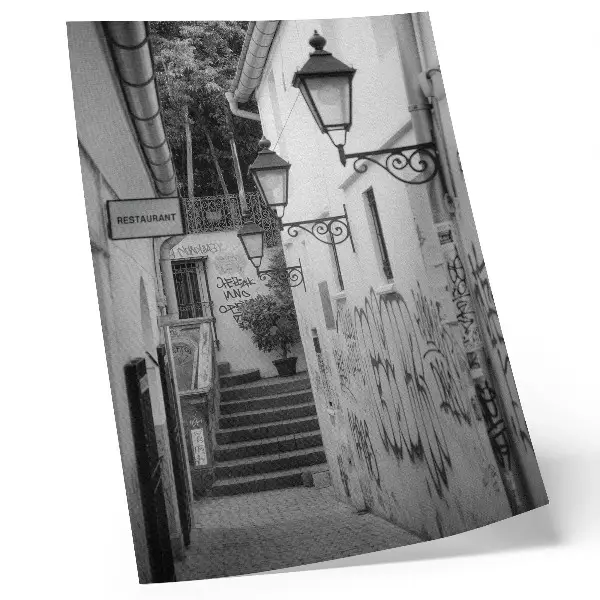 Premium wall art black and white street scene with graffiti and street lamps