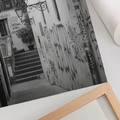 Premium wall art black and white street scene with graffiti and street lamps