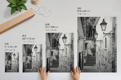 Premium wall art black and white street scene with graffiti and street lamps