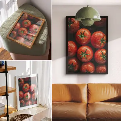 Decorative poster juicy tomatoes with water droplets