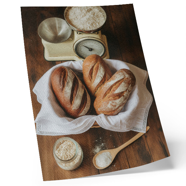Poster Bread basket scale flour wooden surface