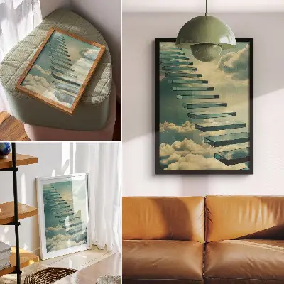 Art print glass stairs in the clouds with a turquoise sky