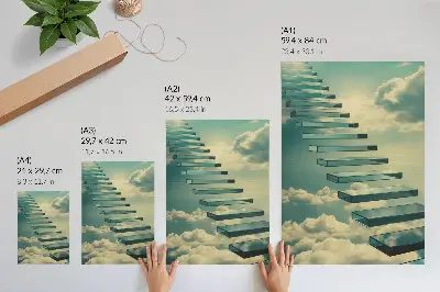 Art print glass stairs in the clouds with a turquoise sky