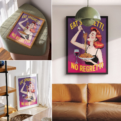 Art print Colorful woman eating spaghetti with wine