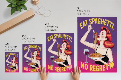 Art print Colorful woman eating spaghetti with wine