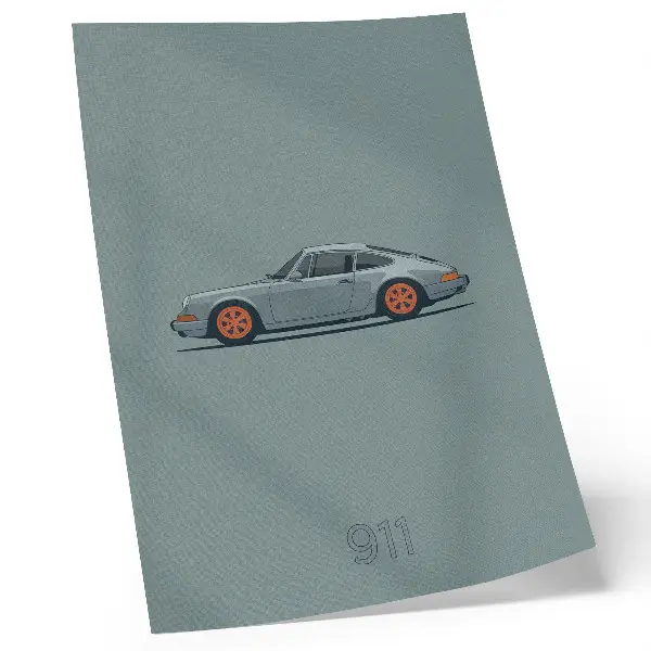 Poster classic car with orange rims on a gray background